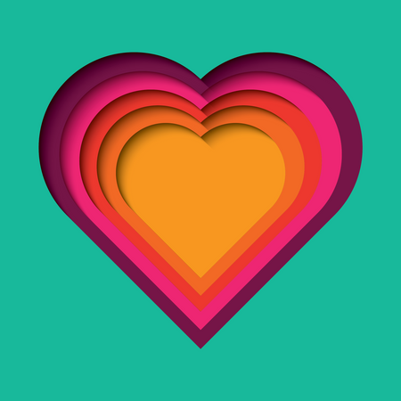 Fondo recortado en papel con efecto 3d, forma de corazón en colores vibrantes, ilustración vectorial  Ilustración