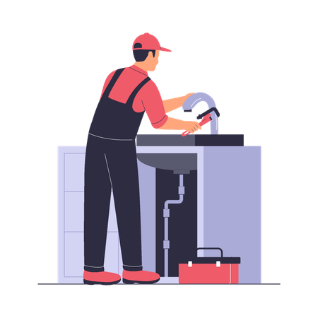 Fontanero arreglando el grifo del fregadero de la cocina  Ilustración