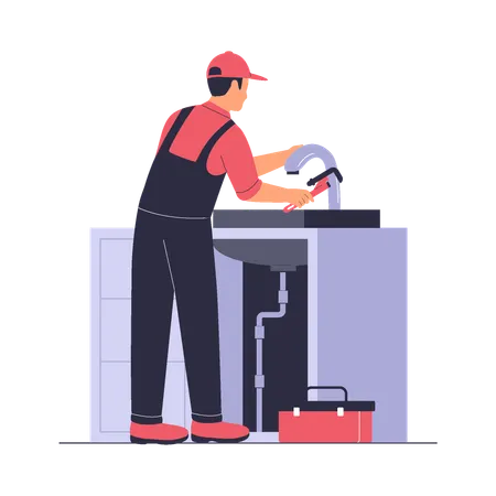 Fontanero arreglando el grifo del fregadero de la cocina  Ilustración