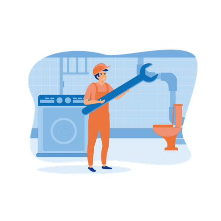Trabajador plomero con equipo de trabajo recibiendo servicios de reparación de inodoro de baño  Ilustración