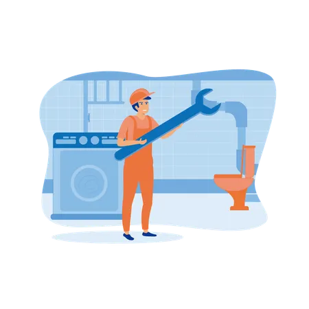 Trabajador plomero con equipo de trabajo recibiendo servicios de reparación de inodoro de baño  Ilustración