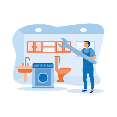 Trabajador de fontanería masculino con herramientas de trabajo reparando inodoros de baño  Ilustración