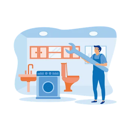 Trabajador de fontanería masculino con herramientas de trabajo reparando inodoros de baño  Ilustración
