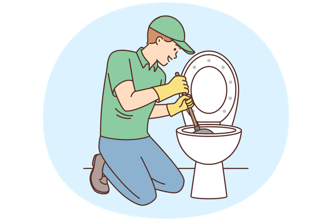Fontanero reparando el inodoro con un desatascador para limpiar las tuberías tras una obstrucción del alcantarillado  Ilustración