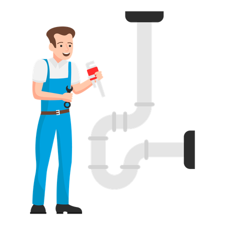 Fontanero reparando un problema en las tuberías de agua usando una llave  Ilustración