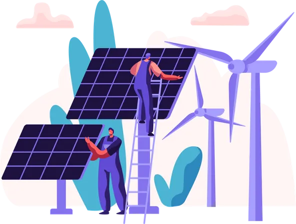 Fontes de energia renováveis com moinhos de vento  Ilustração