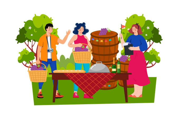 Food and wine tour guide taking visitors to local restaurants and vineyards  イラスト
