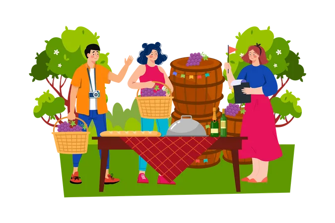 Food and wine tour guide taking visitors to local restaurants and vineyards  イラスト