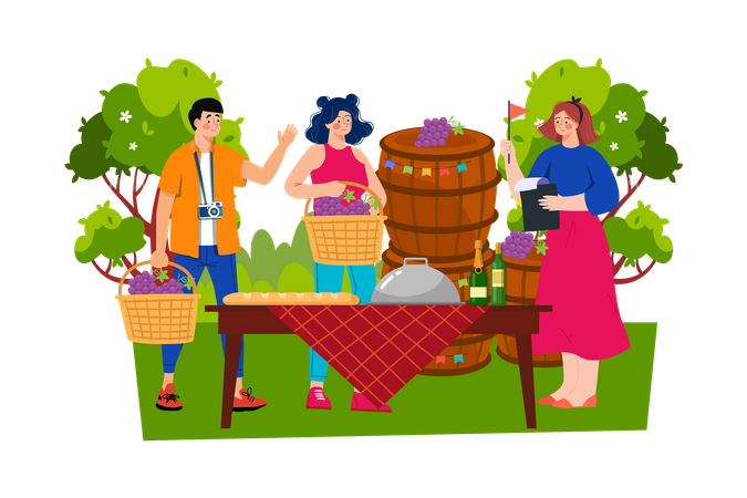 Food and wine tour guide taking visitors to local restaurants and vineyards  Illustration