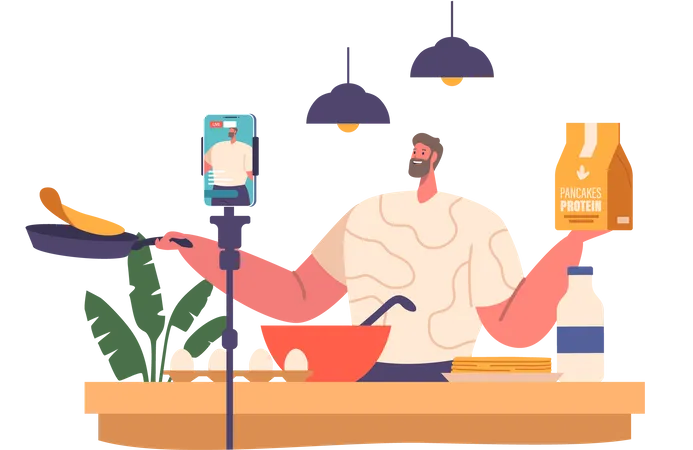 Food Blogger Showcases Cooking Protein Pancakes Sport Nutrition Recipes On Camera Inspiring Viewers With Healthy And Delicious Meals That Fuel An Active Lifestyle Cartoon People Vector Illustration イラスト