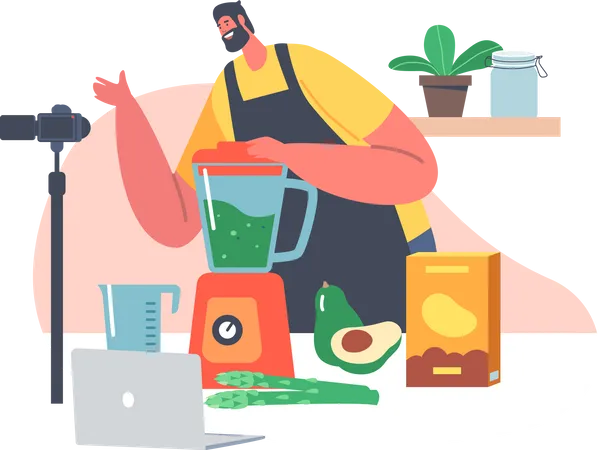 Food Blogger Explain On Camera How To Cook Healthy Meal Male Character Cooking For Video Blog Man Chef Teach Cook New Recipe Video Tutorial Prepare Food Class Cartoon People Vector Illustration Illustration