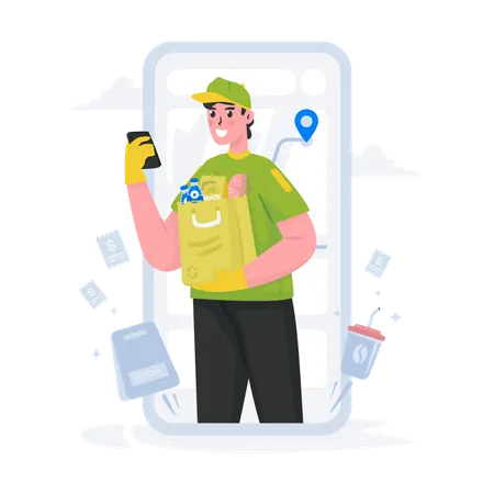 Food Delivery Service Illustration A Man Is Looking At The Delivery Location On His Phone Illustration