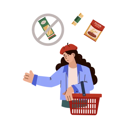 Food crisis with woman refusing to buy expensive groceries  Illustration
