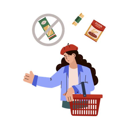 Food crisis with woman refusing to buy expensive groceries  Illustration