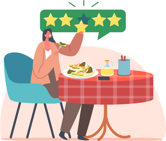 Food Critic Sitting at Table Enjoying Delicious Five Stars Meals Illustration
