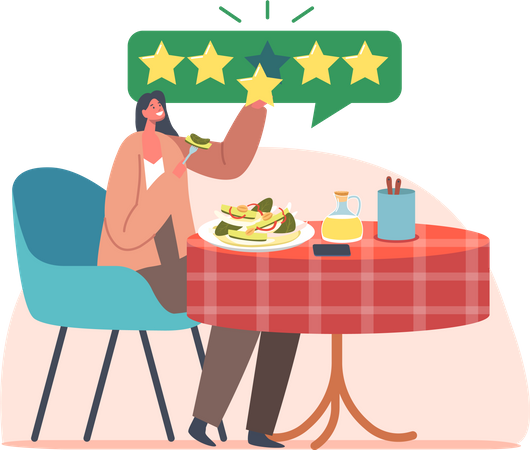 Food Critic Sitting at Table Enjoying Delicious Five Stars Meals  Illustration