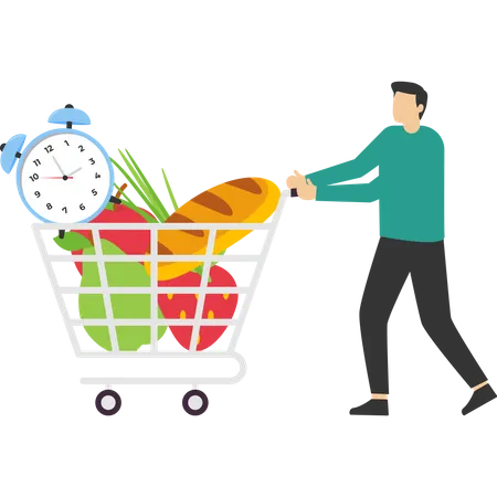 Food Delivery Concept Complete Grocery Cart Supermarket Special Offer Food Buying And Delivery Food In Shopping Cart With Clock As Delivery Time Illustration Flat Vector Illustration