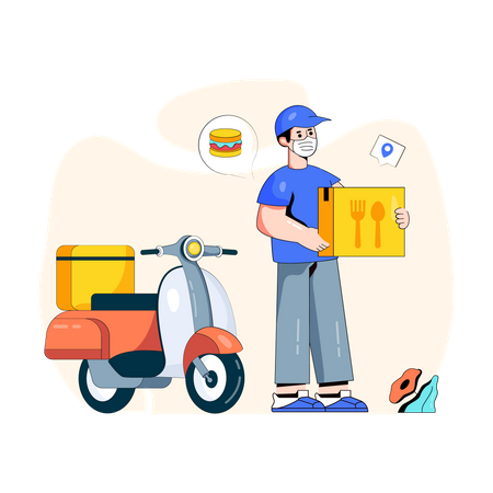 Food delivery agent delivering food using scooter Illustration