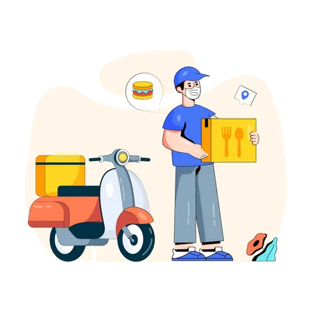 Food delivery agent delivering food using scooter Illustration