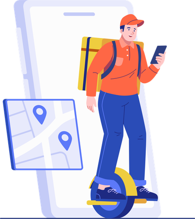 Food delivery man doing delivery on electric unicycle  Illustration