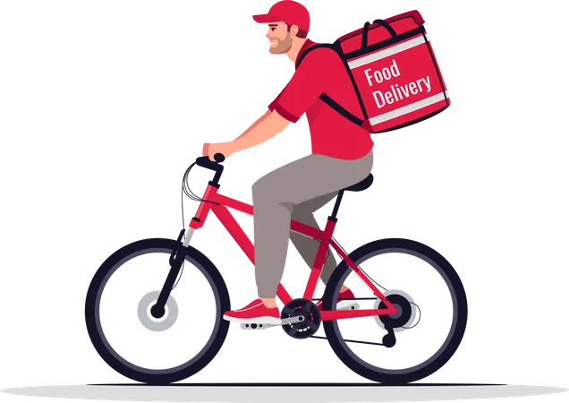 Food Delivery Biker Semi Flat RGB Color Vector Illustration Cafe Order Shipping Worker On Bike Caucasian Male Courier In Red Uniform Isolated Cartoon Character On White Background Illustration