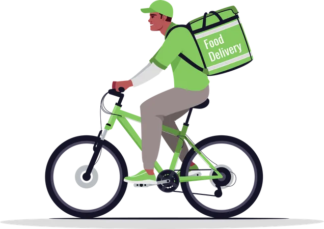 Home Food Delivery Semi Flat RGB Color Vector Illustration African American Courier On Transport Delivery Man On Bike In Green Uniform Isolated Cartoon Character On White Background Illustration