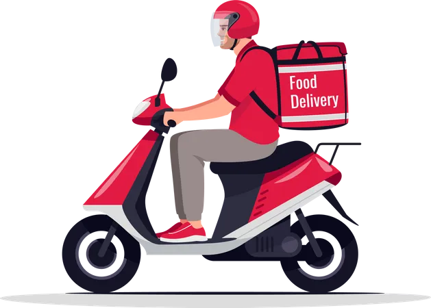 Urban Food Delivery Semi Flat RGB Color Vector Illustration Cafe Service Worker With Order On Motorbike Caucasian Male Courier In Red Uniform Isolated Cartoon Character On White Background Illustration