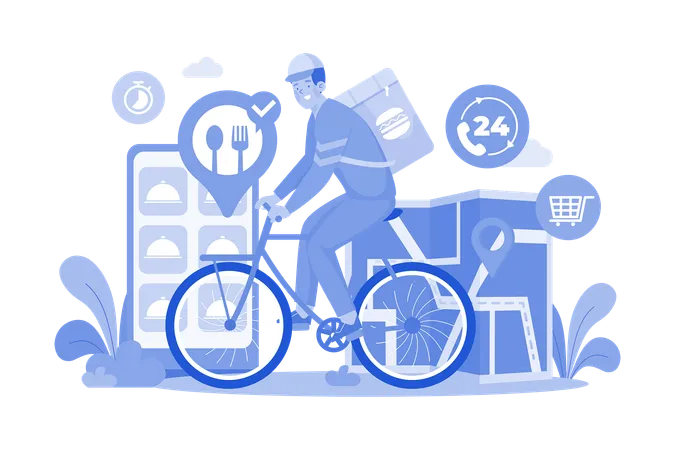 Food Delivery Service Male Courier With Large Backpack Illustration