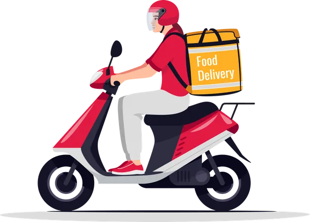 Food Delivery Service Semi Flat RGB Color Vector Illustration Bike Courier With Restaurant Order Delivery Woman In Red Uniform And Helmet Isolated Cartoon Character On White Background イラスト