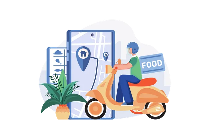 Food Delivery Service A Male Courier With A Large Backpack Illustration
