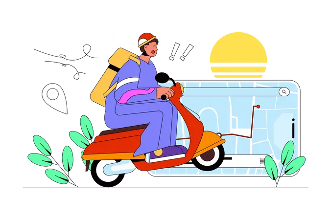 Delivery Food Web Concept With Character Scene Courier Rides Motorbike And Carrying Order For Client Tracking Route Map People Situation In Flat Design Vector Illustration For Marketing Material イラスト