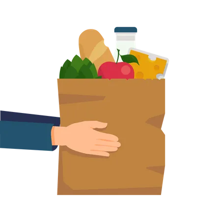 Food delivery with hands holding a paper shopping bag full of goods and product including bread, milk, vegetables and cheese  Illustration