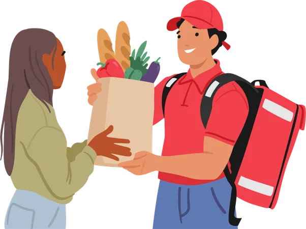 Food Delivery Worker Hands Over A Bag Filled With Groceries To A Client Ensuring Convenient Experience Ensures That Customers Receive Desired Items With Friendly Service Cartoon Vector Illustration Illustration