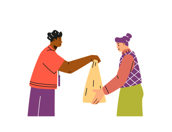 Food exchange: a volunteer handing a bag of groceries to a girl  Illustration