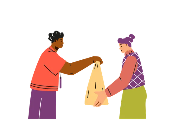 Food exchange: a volunteer handing a bag of groceries to a girl  Illustration