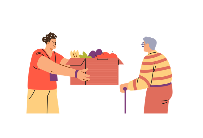 Food exchange showing a volunteer sharing food with an old man  Illustration