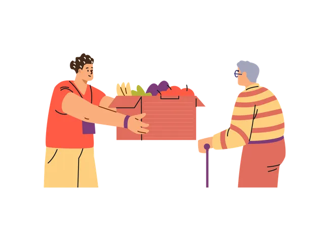 Food exchange showing a volunteer sharing food with an old man  Illustration