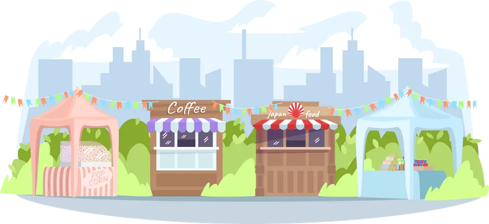 Food Festival Semi Flat Vector Illustration Counters With Fastfood Seasonal Market With Stores And Shops Fair In Urban Park Summer Festive 2 D Cartoon Cityscape For Commercial Use Illustration