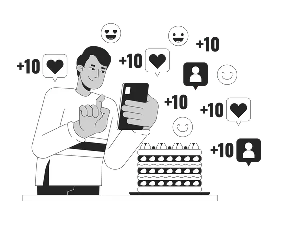 Food Influencer Man Black And White 2 D Illustration Concept Indian Male Taking Picture Of Cake On Phone Cartoon Outline Character Isolated On White Social Media Viral Metaphor Monochrome Vector Art Illustration