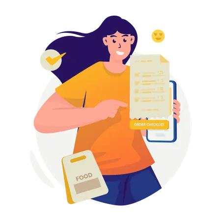 A Woman With Food Order Online Checklist Illustration Illustration