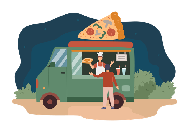 Food truck à noite com homem de avental vendendo pizza  Ilustração