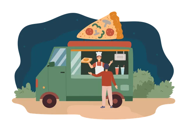 Food truck à noite com homem de avental vendendo pizza  Ilustração