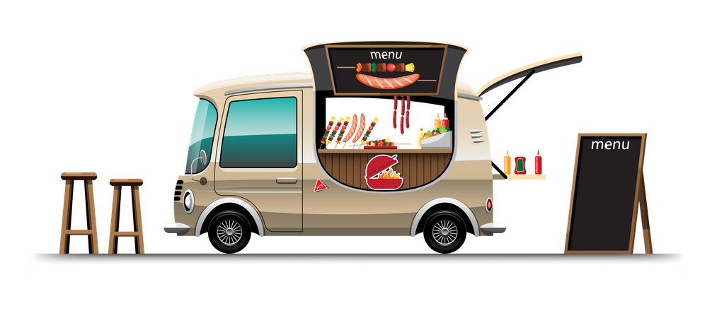 Food truck avec barbecue et chaise en bois  Illustration