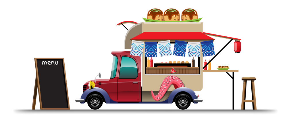 Food truck avec snack japonais et tableau de menu  Illustration