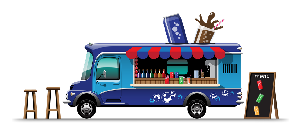 Food truck Beverage and wooden chair Illustration
