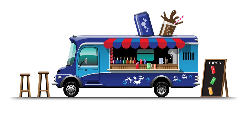 The Food Truck On Side View With Menu Of Beverage And Wooden Chair Large Model Drink On Top Of Car Vector Illustration Illustration