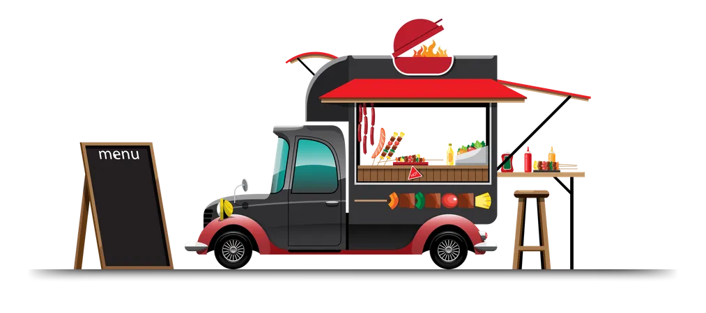 A Vista Lateral Do Food Truck Com Menu De Churrasqueira E Cadeira De Madeira Banner Bar B Q Na Lateral E Modelo De Carro Ilustracao Vetorial Ilustração