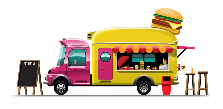 Food truck com hambúrguer  Ilustração