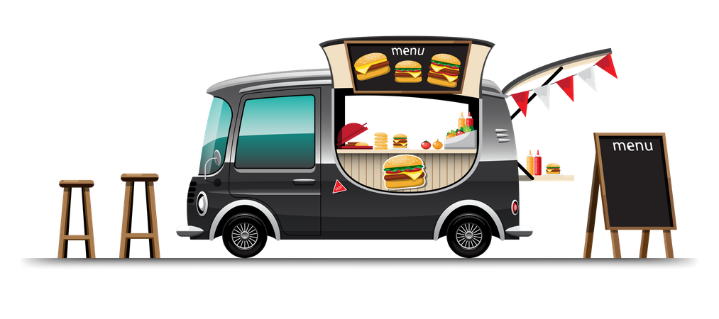 Food truck com hambúrguer  Ilustração