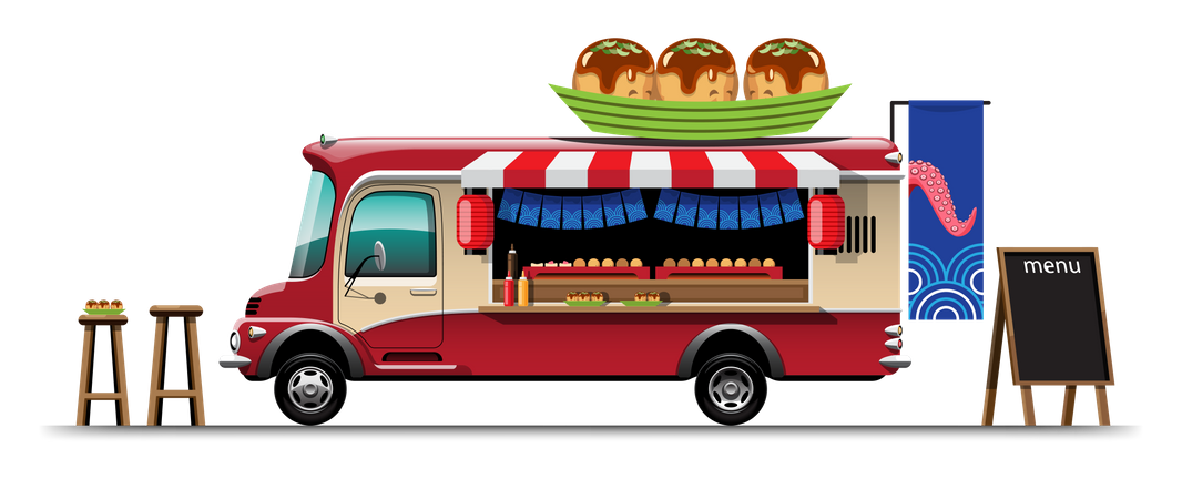 Food truck com lanche japonês  Ilustração